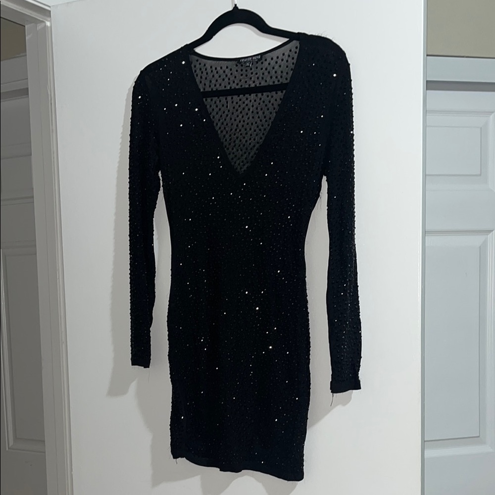 Fashion Nova Black Long Sleeve V-Neck Sheer Bodycon Dress